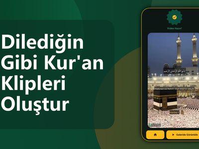 QuranClip tanıtım görseli: Kâbe arka planlı, besmele ve meali yazılı hazır bir dikey Kur'an videosu