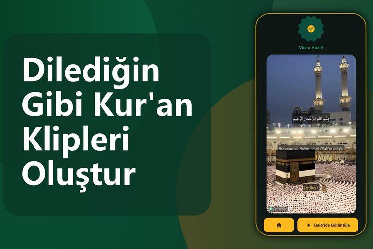QuranClip tanıtım görseli: Kâbe arka planlı, besmele ve meali yazılı hazır bir dikey Kur'an videosu