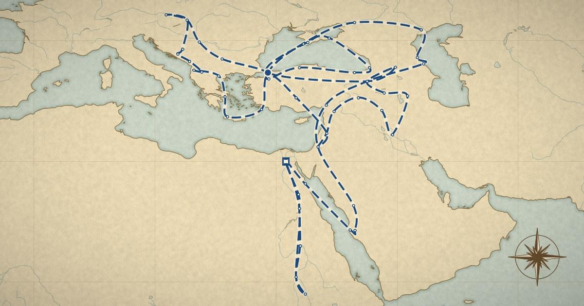 Evliya Çelebi'nin İstanbul merkezli, Viyana'dan Sudan'a ve Kafkasya'ya uzanan rotası eski harita üzerinde