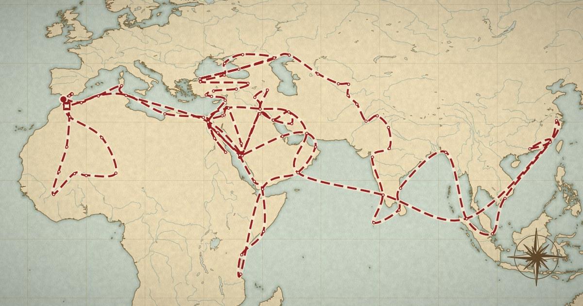 İbn Battûta'nın Tanca'dan Çin'e, Doğu Afrika'dan Mali'ye uzanan yolculuk rotası eski harita üzerinde