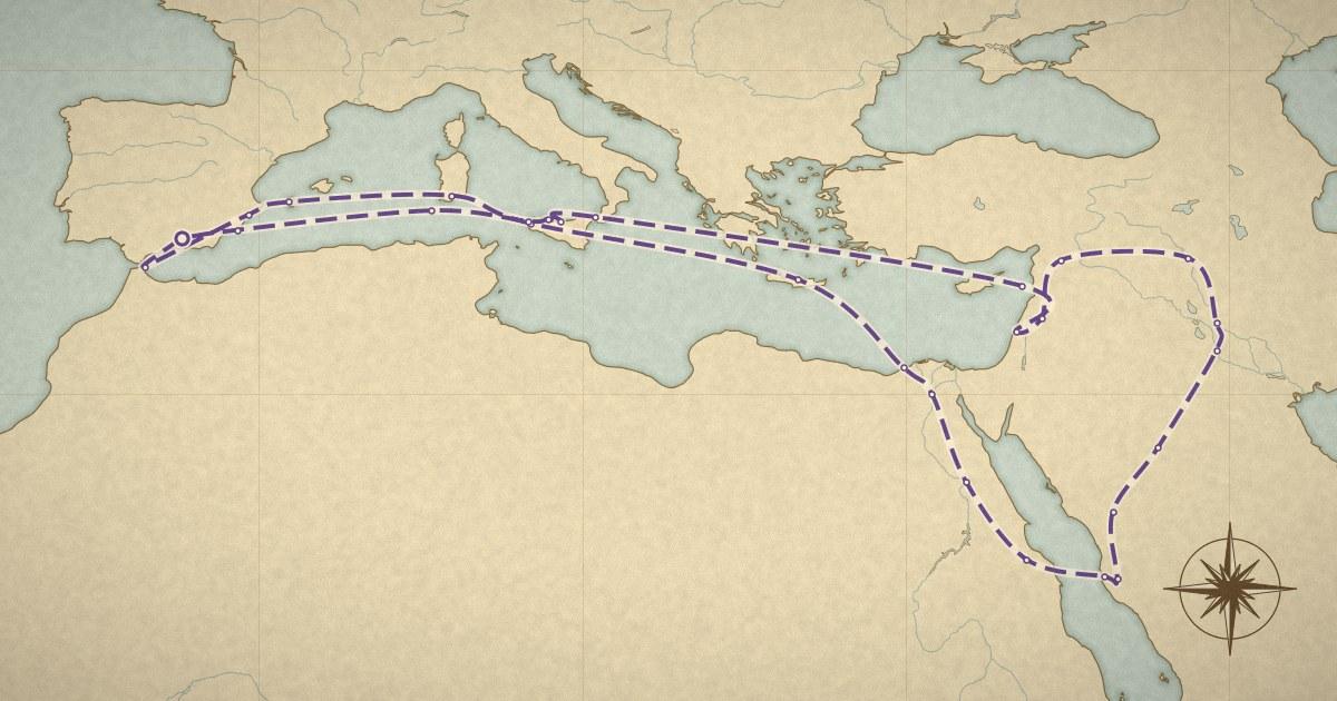 İbn Cübeyr'in Gırnata'dan Mekke'ye ve Sicilya üzerinden geri dönüş rotası eski harita üzerinde