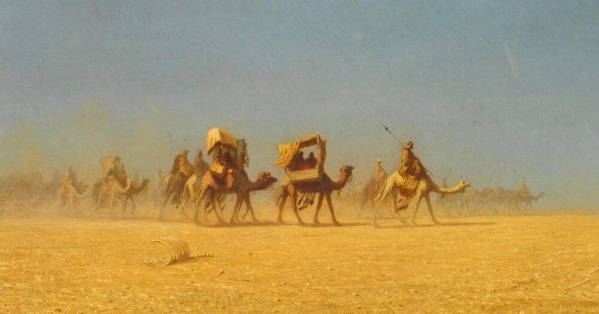 Toz bulutu içinde çölü geçen bir deve kervanı, Charles-Théodore Frère'in 1855 tarihli tablosu