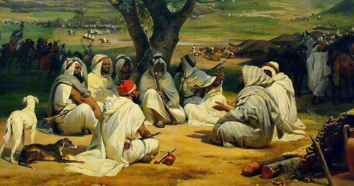 Bir ağacın gölgesinde halka olmuş dinleyicilere konuşan bir adam, Horace Vernet'nin Arap Hikâyeci tablosu