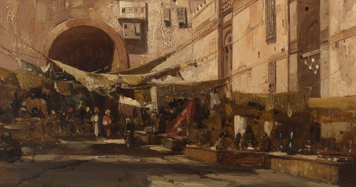 Kahire'de bir caminin dibinde tentelerle gölgelenmiş çarşı tezgâhları, Adrien Dauzats'ın 1839 tarihli tablosu