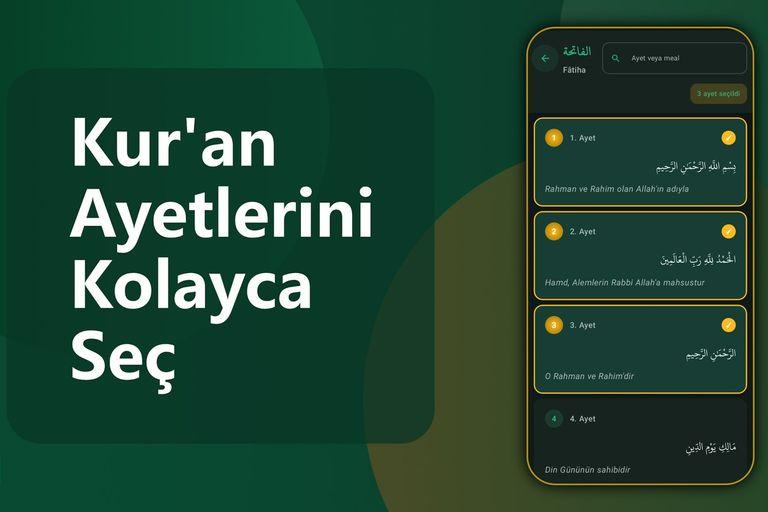 QuranClip ayet seçim ekranı: Fâtiha suresinin ilk üç ayeti Arapça metni ve mealiyle seçilmiş
