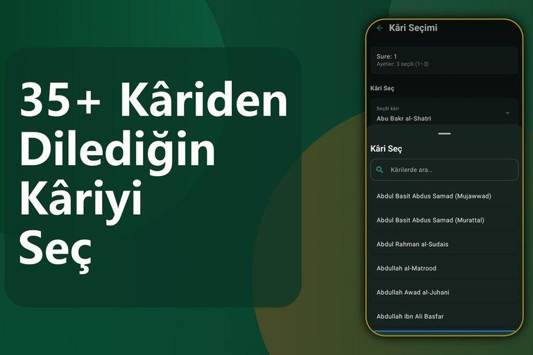 QuranClip kâri seçim ekranı: Abdul Basit, Sudais, Matrood gibi kârilerin listesi
