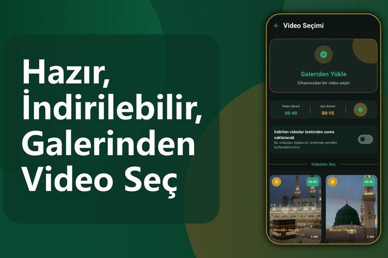 QuranClip video seçim ekranı: galeriden video yükleme seçeneği ve Mescid-i Haram ile Mescid-i Nebevi arka plan videoları