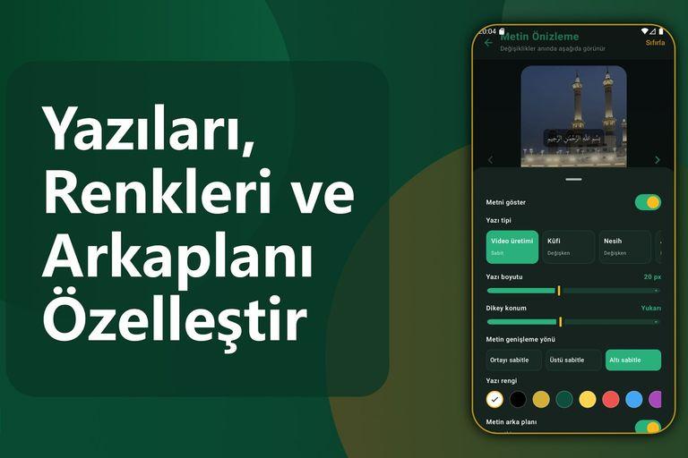 QuranClip metin önizleme ekranı: yazı tipi, yazı boyutu, dikey konum ve renk ayarları